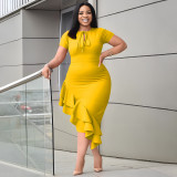 Plus Size Solid Color Tie Up Long Dress NNWF-6054