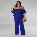 Plus Size Off Shoulder Short Sleeve Wide Leg Jumpsuit NNWF-7797