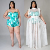 Plus Size Sleeveless Romper+Mesh Dress 2 Piece Set NNWF-7135