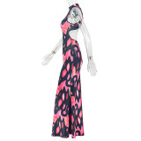 Sleeveless Ruched Print Hollow Out Maxi Dress GJYO-303899