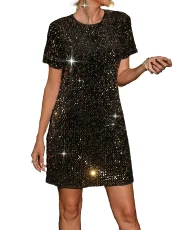Solid Color Sequin Short Sleeve Mini Dress GOSD-10244