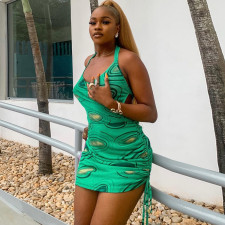 Print Halberneck Drawstring Mini Dress GJYO-756906