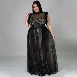 Plus Size Sleeveless Romper+Mesh Dress 2 Piece Set NNWF-7135