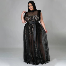 Plus Size Sleeveless Romper+Mesh Dress 2 Piece Set NNWF-7135