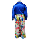 Plus Size Print Long Sleeve Shirt+Wide Leg Pants 2 Piece Set NNWF-7651