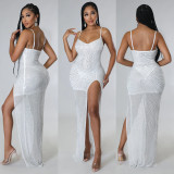Sexy Hot Drill Sling Split Maxi Dress GOSD-6691