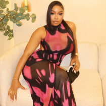 Sleeveless Ruched Print Hollow Out Maxi Dress GJYO-303899