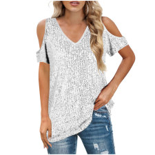Plus Size Loose V Neck Sequin Short Sleeve Tops GOSD-10242