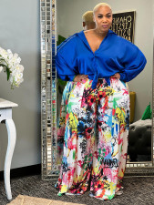 Plus Size Print Long Sleeve Shirt+Wide Leg Pants 2 Piece Set NNWF-7651