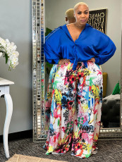 Plus Size Print Long Sleeve Shirt+Wide Leg Pants 2 Piece Set NNWF-7651