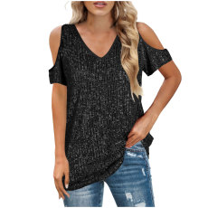 Plus Size Loose V Neck Sequin Short Sleeve Tops GOSD-10242