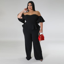 Plus Size Off Shoulder Short Sleeve Wide Leg Jumpsuit NNWF-7797