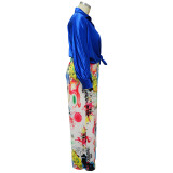 Plus Size Print Long Sleeve Shirt+Wide Leg Pants 2 Piece Set NNWF-7651