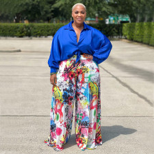 Plus Size Print Long Sleeve Shirt+Wide Leg Pants 2 Piece Set NNWF-7651