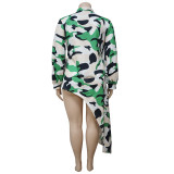 Plus Size Print Irregular Long Sleeve Long Dress NNWF-7084