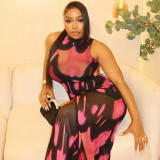 Sleeveless Ruched Print Hollow Out Maxi Dress GJYO-303899
