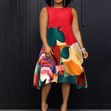 Plus Size Contrast Color Print Sleeve Midi Dress NNWF-6071