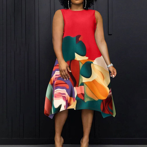 Plus Size Contrast Color Print Sleeve Midi Dress NNWF-6071