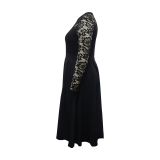 Plus Size Lace Patchwork Long Sleeve Long Dress NNWF-P3040