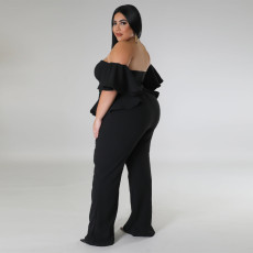 Plus Size Off Shoulder Short Sleeve Wide Leg Jumpsuit NNWF-7797