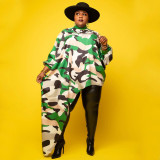 Plus Size Print Irregular Long Sleeve Long Dress NNWF-7084