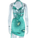 Print Halberneck Drawstring Mini Dress GJYO-756906