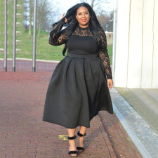 Plus Size Lace Patchwork Long Sleeve Long Dress NNWF-P3040