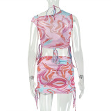 Print Slash Neck Drawstring Two Piece Skirt Set GJYO-711853