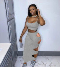 Solid Color Sling Tank Tops Hollow Out Long Skirt Suit NM-8353