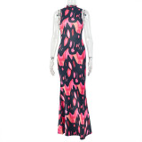 Sleeveless Ruched Print Hollow Out Maxi Dress GJYO-303899