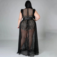 Plus Size Sleeveless Romper+Mesh Dress 2 Piece Set NNWF-7135