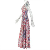 Print Halterneck V Neck Backless Maxi Dress GJYO-303907
