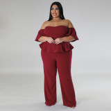 Plus Size Off Shoulder Short Sleeve Wide Leg Jumpsuit NNWF-7797