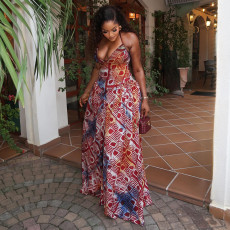 Print Halterneck V Neck Backless Maxi Dress GJYO-303907
