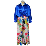 Plus Size Print Long Sleeve Shirt+Wide Leg Pants 2 Piece Set NNWF-7651
