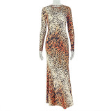Leopard Print Long Sleeve Maxi Dress GJYO-303896