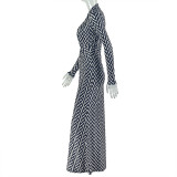 Hollow Out Stripe Print Long Sleeve Maxi Dress GJYO-303887