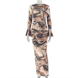 Flare Long Sleeve Print Maxi Dress GJYO-303879