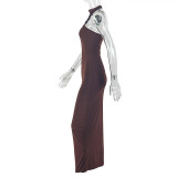 Solid Color Halterneck Backless Maxi Dress GJYO-303861
