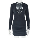 Deep V Neck Long Sleeve Mini Dress GJYO-303730