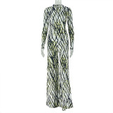 Long Sleeve Ruched Print Maxi Dress GJYO-919155