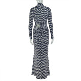 Hollow Out Stripe Print Long Sleeve Maxi Dress GJYO-303887