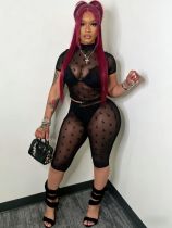 Sexy Fashion Mesh Short Sleeve Shorts Two Piece Set GFCF-1447