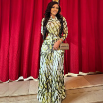 Long Sleeve Ruched Print Maxi Dress GJYO-919155
