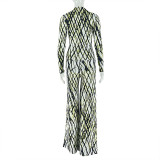 Long Sleeve Ruched Print Maxi Dress GJYO-919155