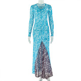 V Neck Long Sleeve Print Maxi Dress GJYO-303827