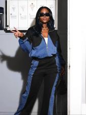 Denim Patchwork Coat And Pants Two Piece Set SH-391297