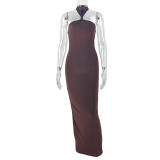 Solid Color Halterneck Backless Maxi Dress GJYO-303861