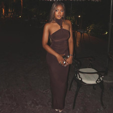 Solid Color Halterneck Backless Maxi Dress GJYO-303861