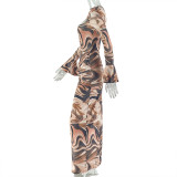 Flare Long Sleeve Print Maxi Dress GJYO-303879